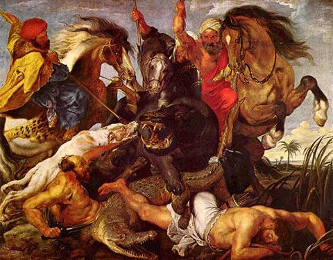 reproductie The hippopotamus and crocodile hunt van Peter Paul Rubens